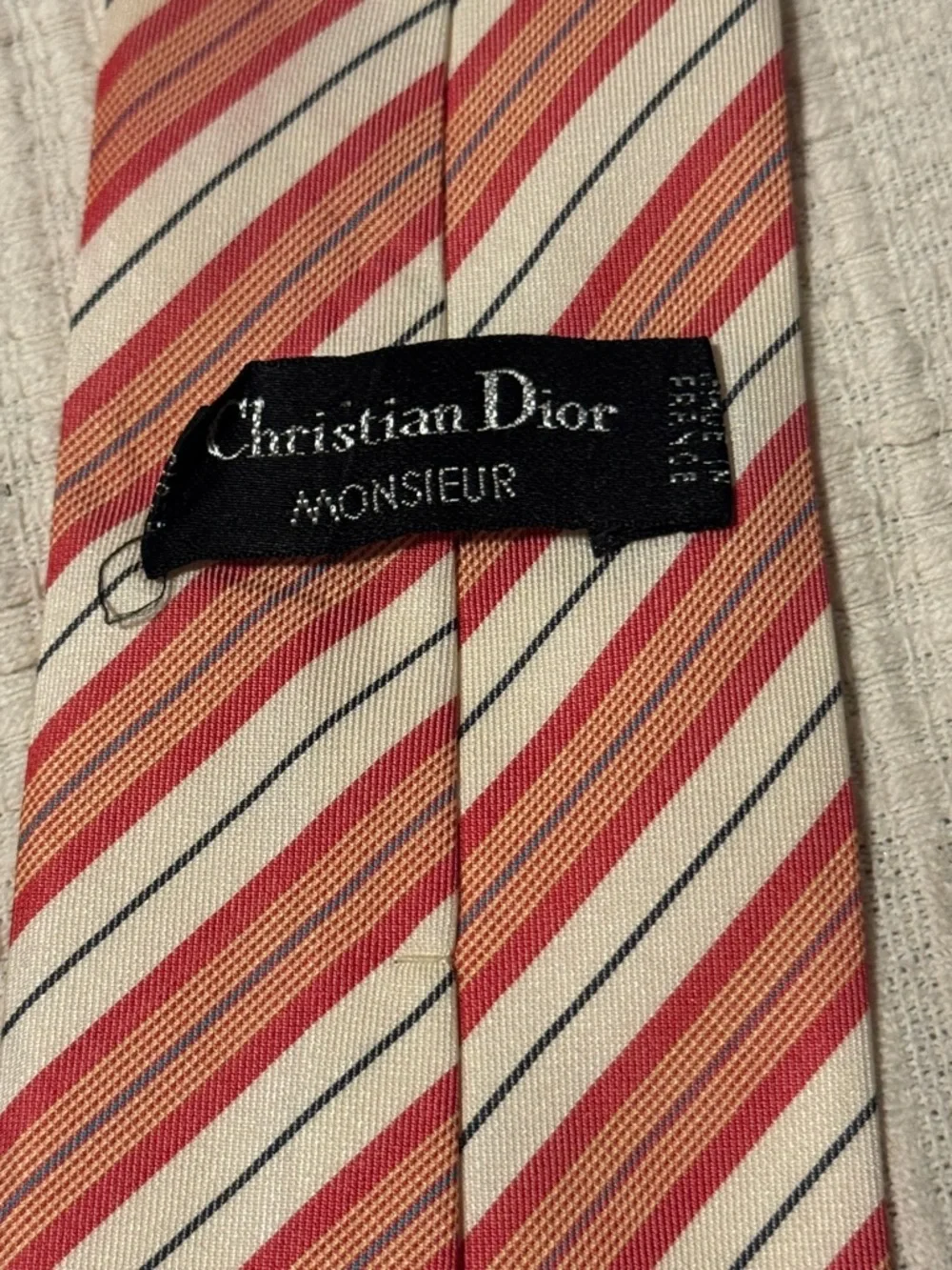 Vintage Christian Dior Monsieur Tie - Cream Coral Salmon Stripe Made France